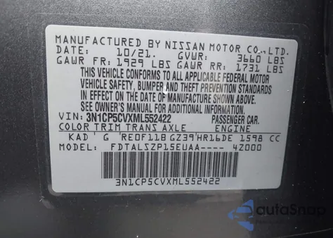 2021 Nissan Kicks Sv Xtronic Cvt from USA, damaged, VIN 3N1CP5CVXML552422